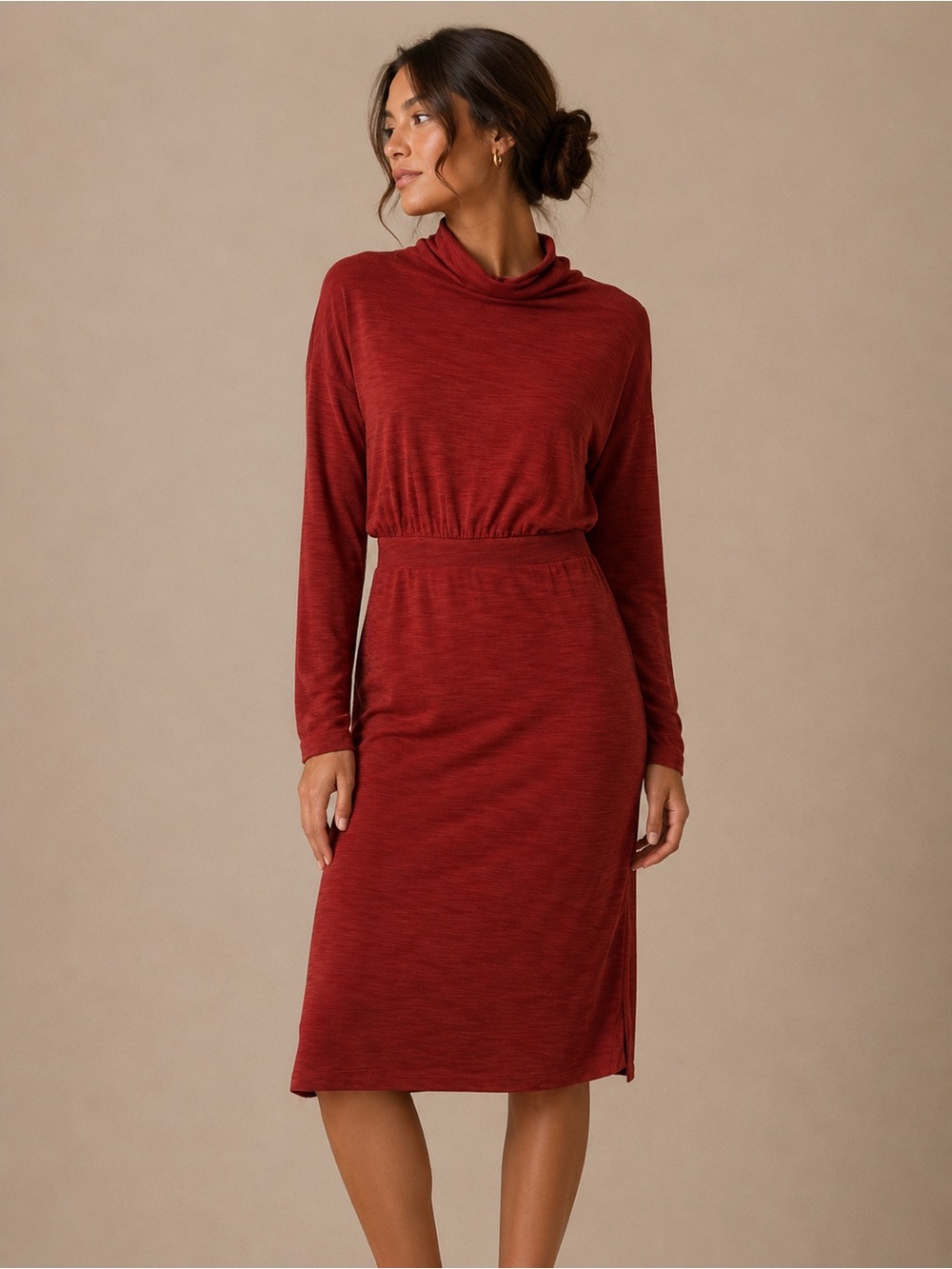 Rachel Zoe Rust Red Turtleneck Midi Dress Size Small Long Sleeve Modal Blend NWT